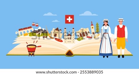 Swiss culture elements, national emblems of Switzerland in infographic collage. Open guide book and people in traditional dress, architecture and nature landmarks, food cartoon vector illustration