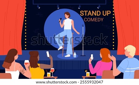 Stand up comedy show. Female talent comic with microphone standing on stage in spotlight to tell funny story for laughing audience at tables, perform standup monologue cartoon vector illustration