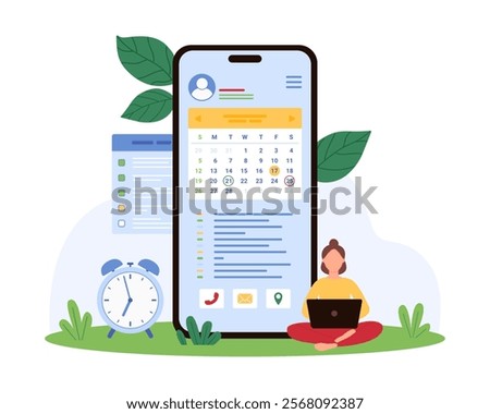 Individual plans and schedules activities using a large mobile device displaying a calendar. Alarm clock and additional planners, emphasizing organized time management vector illustration