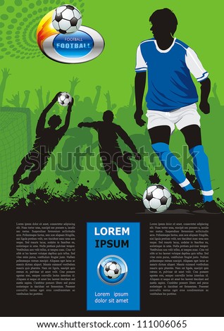 Grunge soccer poster with football ball and players. Original Vector illustration sports series. Classical football poster.