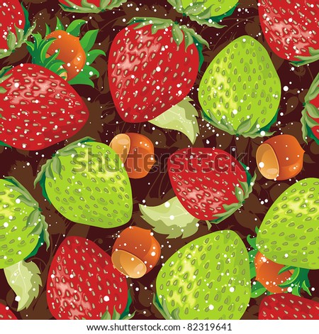 Elegance Seamless pattern with strawberry on chocolate background. Abstract food vector illustration.