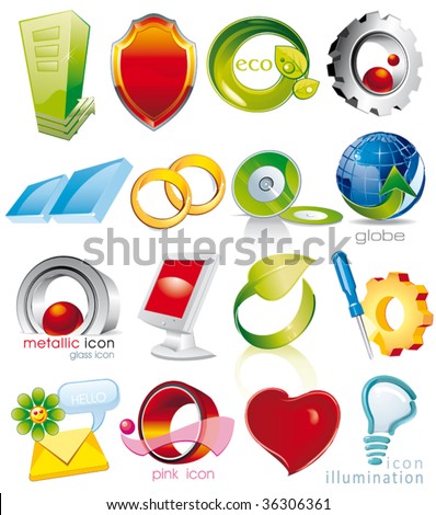 Set of vector 2D and 3D shiny, brilliant glossy Colorful Design elements. Collection_1