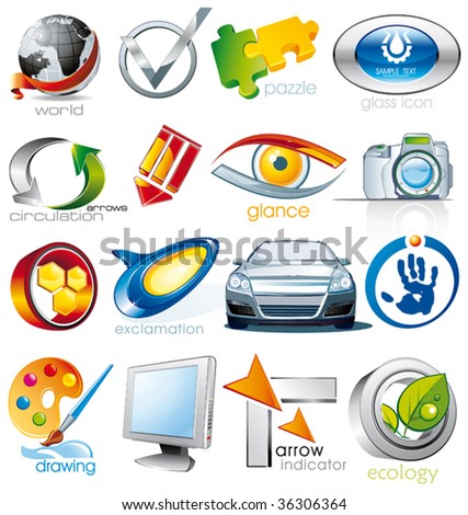 Set of vector 2D and 3D shiny, brilliant glossy Colorful Design elements. Collection_2