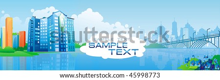 Silhouette of colorful city and bridge on urban background. Panorama of city with reflection on seaside. Vector illustration art.