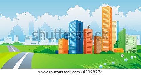 Silhouette of colorful city. Panorama of city with road on landscape background. Vector illustration art.
