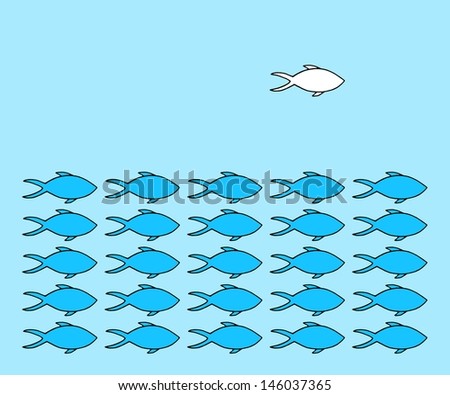 A school of fish with fish leader on the side,  leadership concept