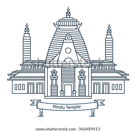 Hindu temple. Hinduism symbol. Indian temple. Flat line vector architecture illustration. Outlined religion stroke icon. Religion building. For poster, flyer, web, banner, header, hero image.