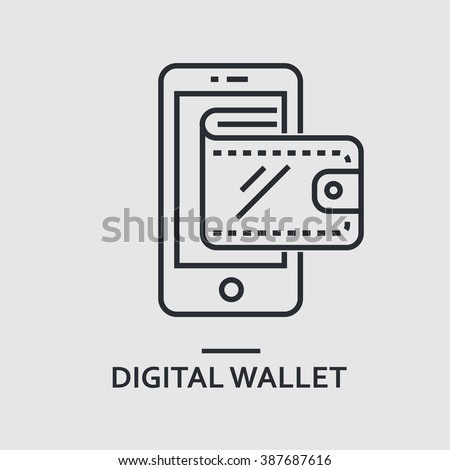 Modern minimal flat thin line digital wallet concept vector illustration. Mobile banking, online finance, e-commerce banner template. For mobile app, web, banner, poster, flyer, header, blog post.