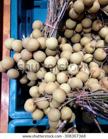 fresh healthy longan fruits, tropical fruits in blue plastic basket for sale on a street market in THAILAND