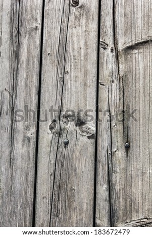 Photograph of old, weathered, rotten floorboards, with rough surface, lateral cracks, large wood knots, and round head machine screws embedded - detail.
