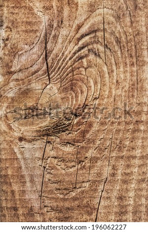 Old, weathered, cracked Pine wood plank, with featured annual growth lines, and large wood knot.
