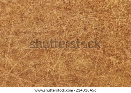 Photograph of old, weathered, rough, creased, coarse grained, exfoliated Yellow-ocher Brown leather grunge texture sample.