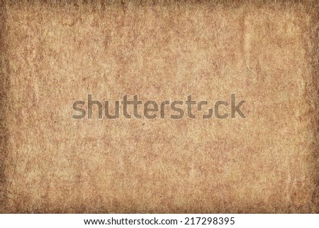 Photograph of light Brown recycle paper, extra coarse grain, mottled, stained, vignette grunge texture sample.