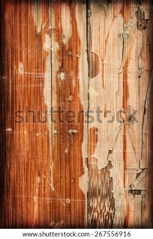 Photograph of obsolete old, weathered, varnished Wooden Laminated Panel, cracked, scratched, vignette grunge texture.