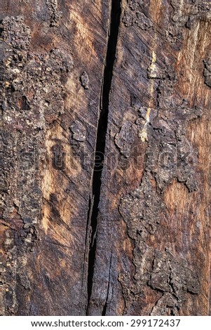 Bituminous, rough, scorched surface texture of an old weathered, rotten, cracked Square Timber Bollard, made of obsolete, scrapped Railroad Cross Tie Timber, with traces of ash and soot.
