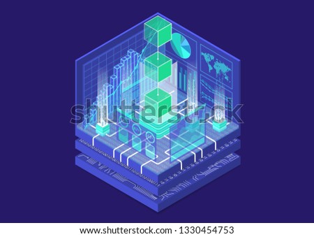 Blockchain concept with symbol of floating blocks as isometric 3d vector illustration