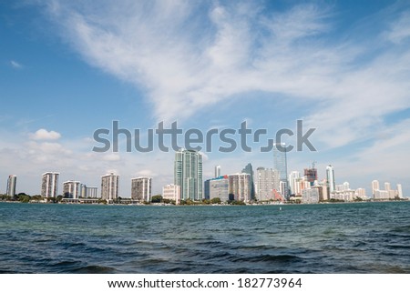MIAMI - JANUARY 17, 2014: View of Miami skyline with financial district from the water taken on January 17, 2014 in Miami, USA
