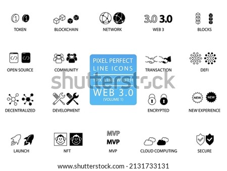 Pixel perfect thin line vector icon set for web3 or Web 3.0 concept. Configurable symbols for technology infographics