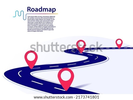Roadmap infographic with milestones. Business concept for project management or business journey. Vector illustration of a blue winding road on white background with red milestones. 