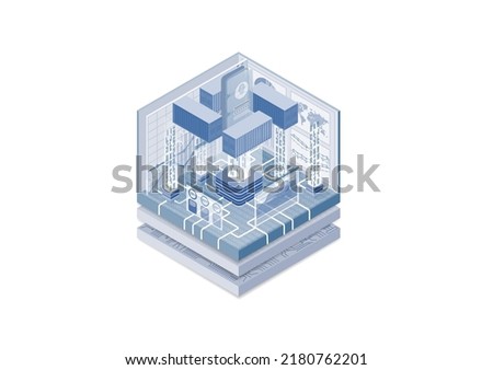 Isometric 3d vector illustration of a smart phone and containers. IT concept for containerization.