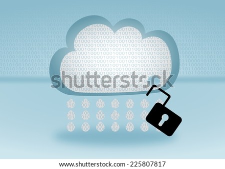 Data security breach in the cloud represented by open lock attached to a cloud on blue background with flat design