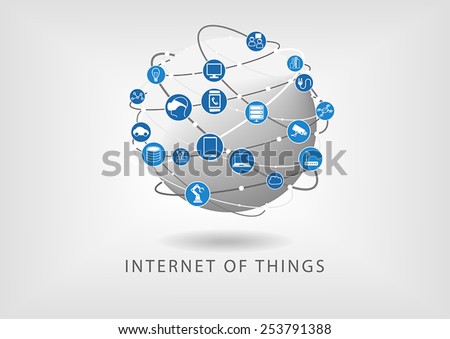 Internet of things modern connected world illustration as vector icons in flat design. Globe with various connections between devices such as smart phone, sensors and smart watch.