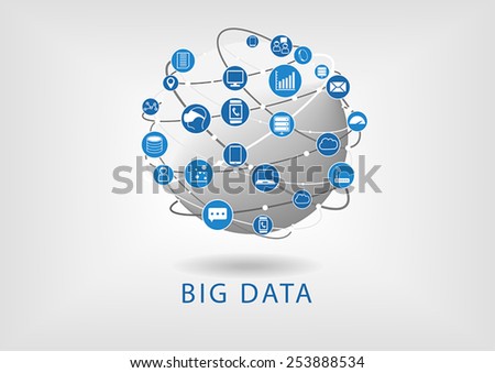 Big data and globe flat design illustration showing connectivity between different devices and information like mail, analytics,smart watch, smart phone, tablet, notebook, server and storage