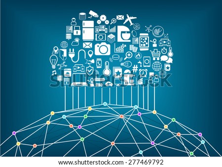 Smart home and internet of things concept. Cloud computing to connect global wireless devices with each other. Wireframe of world with various connection points and lines between cities and people.