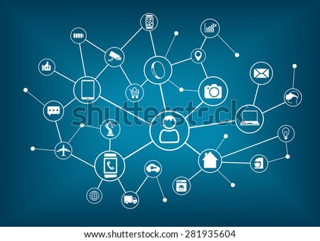 Internet of things (IoT) and networking concept for connected devices. Spider web of network connections with blurred blue background