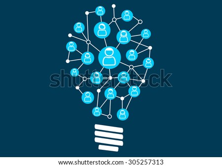 Social crowd sourcing and ideation. Swarm intelligence by the social community of a business or company. Vector illustration of light bulb for creativity.