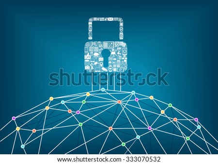 Global IT security protection concept of connected devices. World wide web background with lines connecting dots. 
