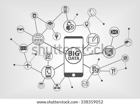 Big data and mobility concept with connected devices like smart phone. IT symbols on grey background.