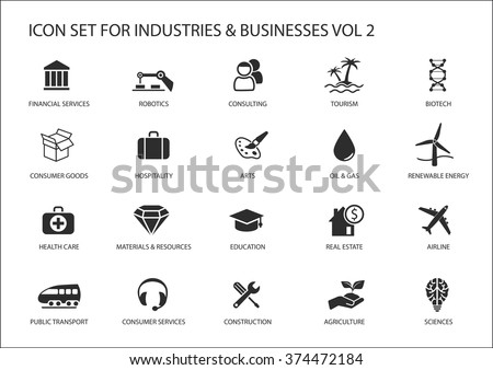 Business icons and symbols of various industries / business sectors like consulting,tourism,hospitality,agriculture,renewable energy,real estate,consumer services,construction,financial services