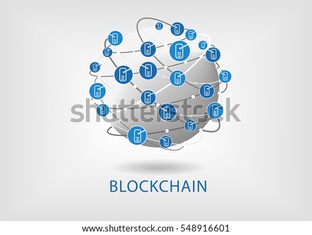 Blockchain vector illustration with connected globe on light grey background