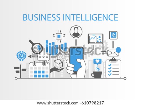 Business intelligence concept as vector background illustration with various symbols