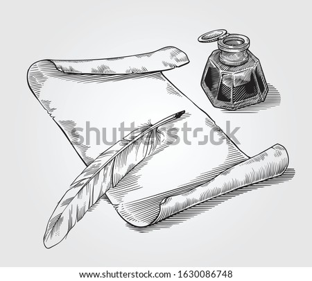 Paper, quill goose feather pen and inkwell.
Vintage Black vector engraved drawing illustration for poster, article, label, banner, web, blog. Isolated on White background.