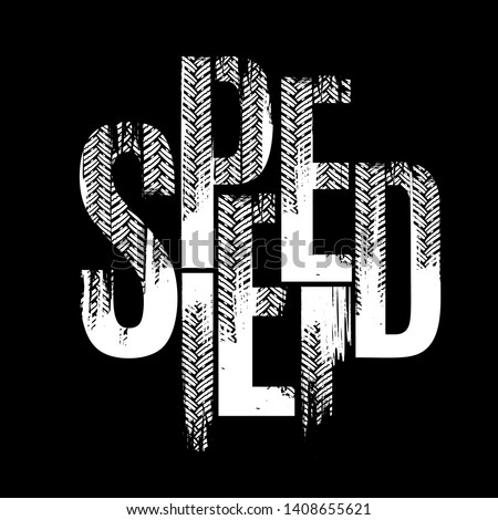 Speed. Off-Road grunge moto sport lettering. Tire tracks words from unique letters. Beautiful vector illustration. Editable graphic element in white color isolated on black background