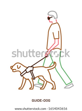 Guide dog with harness helping a disabled blind man. Support, assistance animal. Physically handicapped person. Simple icon, symbol, pictogram, sign. Vector illustration isolated on white background.