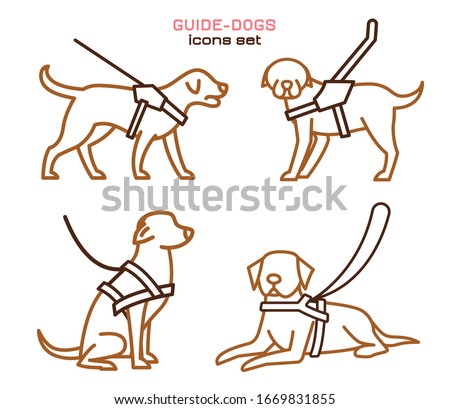 Guide dogs with harness. Mobility aid. Support, assistance, service animal. Guide-dog training. Simple icon, symbol, pictogram, sign. Vector illustration isolated on white background.