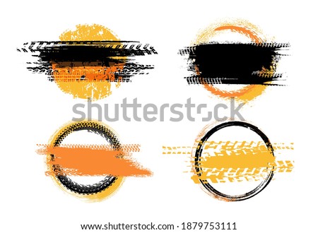 Grunge off-road post and quality stamps set. Automotive element useful for banner, sign, logo, icon, label and badge design . Tire tracks vector illustration. Yellow colour