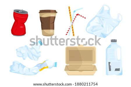 Garbage types set. Can, plastic waste, bottles, bag, sipping straws, disposable tableware. The most widespread litter. Objects collection. Editable vector illustration isolated on the white background