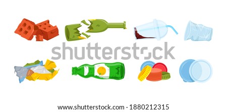 Garbage types set. Plastic waste, brick rubble, broken glass bottles, crumpled wrapping, covers, disposable tableware. The most widespread litter. Vector illustration isolated on the white background