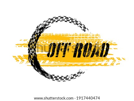 Grunge off-road post and quality stamp. Automotive element useful for banner, sign, logo, icon, label and badge design. Tire tracks vector illustration.