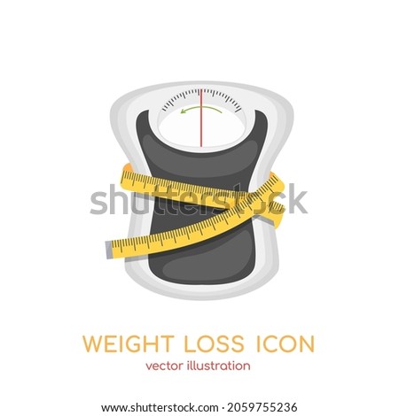 Weight loss icon, measuring tape wrapped around scales shaped of waist. Slimming, fitness, diet, healthy lifestyle. Vector illustration for sport wellness app, weight control application advertising.