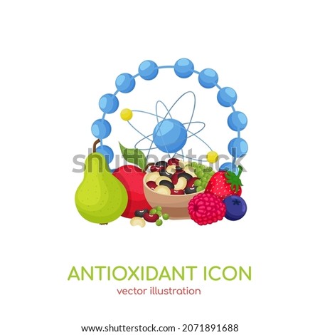 Antioxidant icon. Health benefits molecule, natural vitamins sources, vector isolated illustration for bio organic detox super food advertising, wellness apps. Healthy eating, antiaging dieting. Imagine de stoc © 
