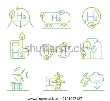 H2 symbol. Green hydrogen production. Renewable energy source. Ecological energy. Zero emissions. Ecology, global warming, chemistry sign, icon. Editable vector illustration. Scientific pictogram