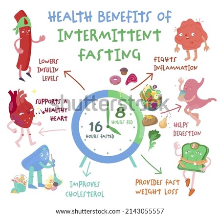 Intermittent fasting benefits. Personal diet plan concept. Help your body burn fat. Specific time eating. Worlds most popular health trend. Editable vector illustration isolated on a white background