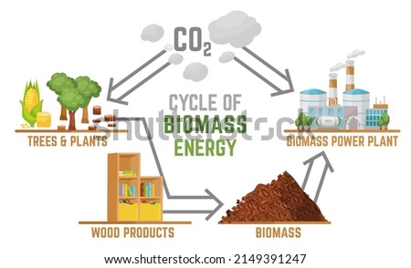 Biomass energy landscape poster with useful infographics. Horizontal print. Ecological power, zero emissions. Ecology, global warming, clean future. Editable vector illustration in a cartoon style.