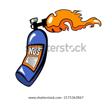 Nitrous Oxide System. NO2 bottle with burning fuel. Engine power increasing. Fire in a motor. Editable vector illustration in funny cartoon style useful for logo design, print, web materials creation