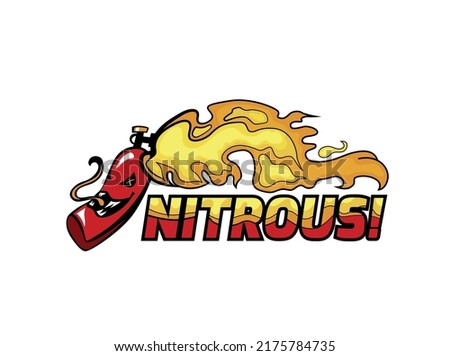 Nitrous Oxide System. NO2 bottle with burning fuel. Engine power increasing. Fire in a motor. Editable vector illustration in funny cartoon style useful for logo design, print, web materials creation